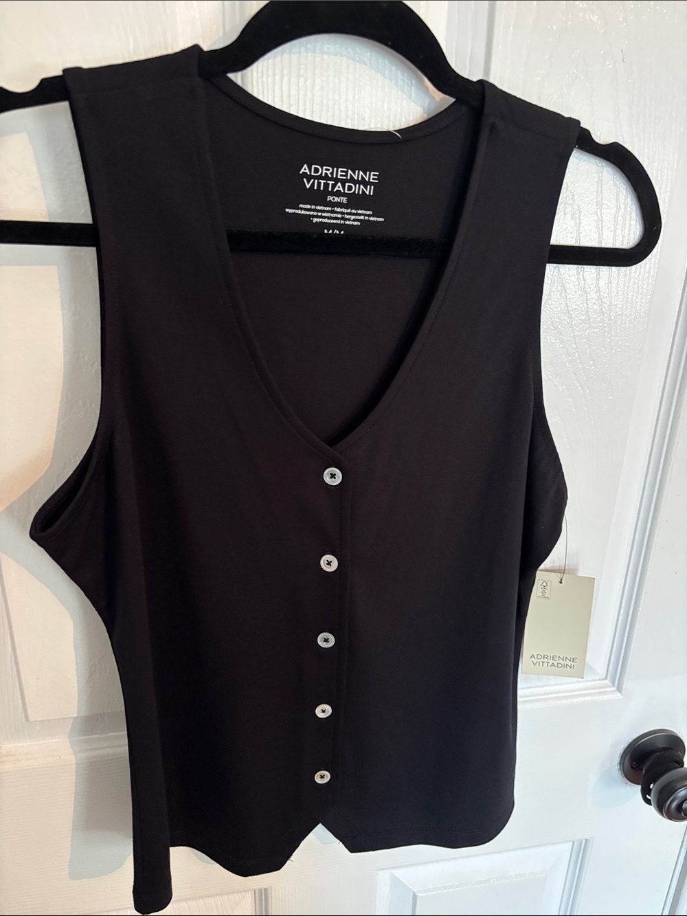 Adrienne Vittadini Black V-Neck Button Front Tank